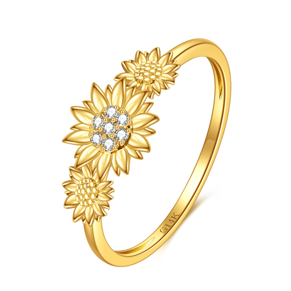 10K Gold Zircon Sunflower Engagement Ring-1
