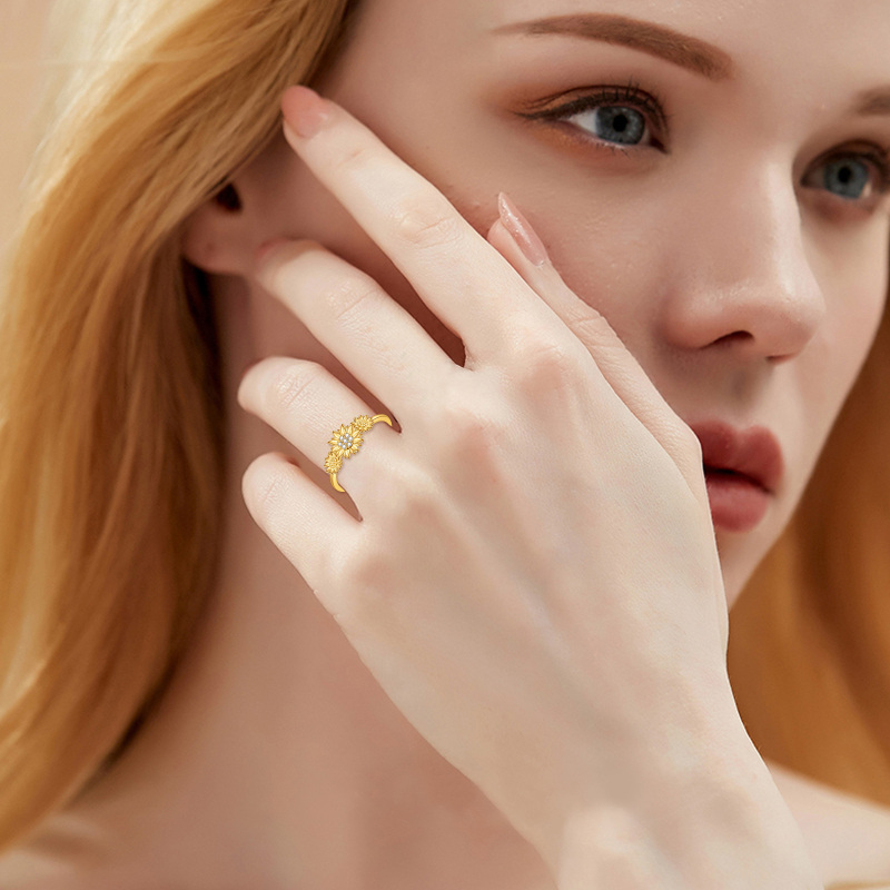 10K Gold Zircon Sunflower Engagement Ring-2