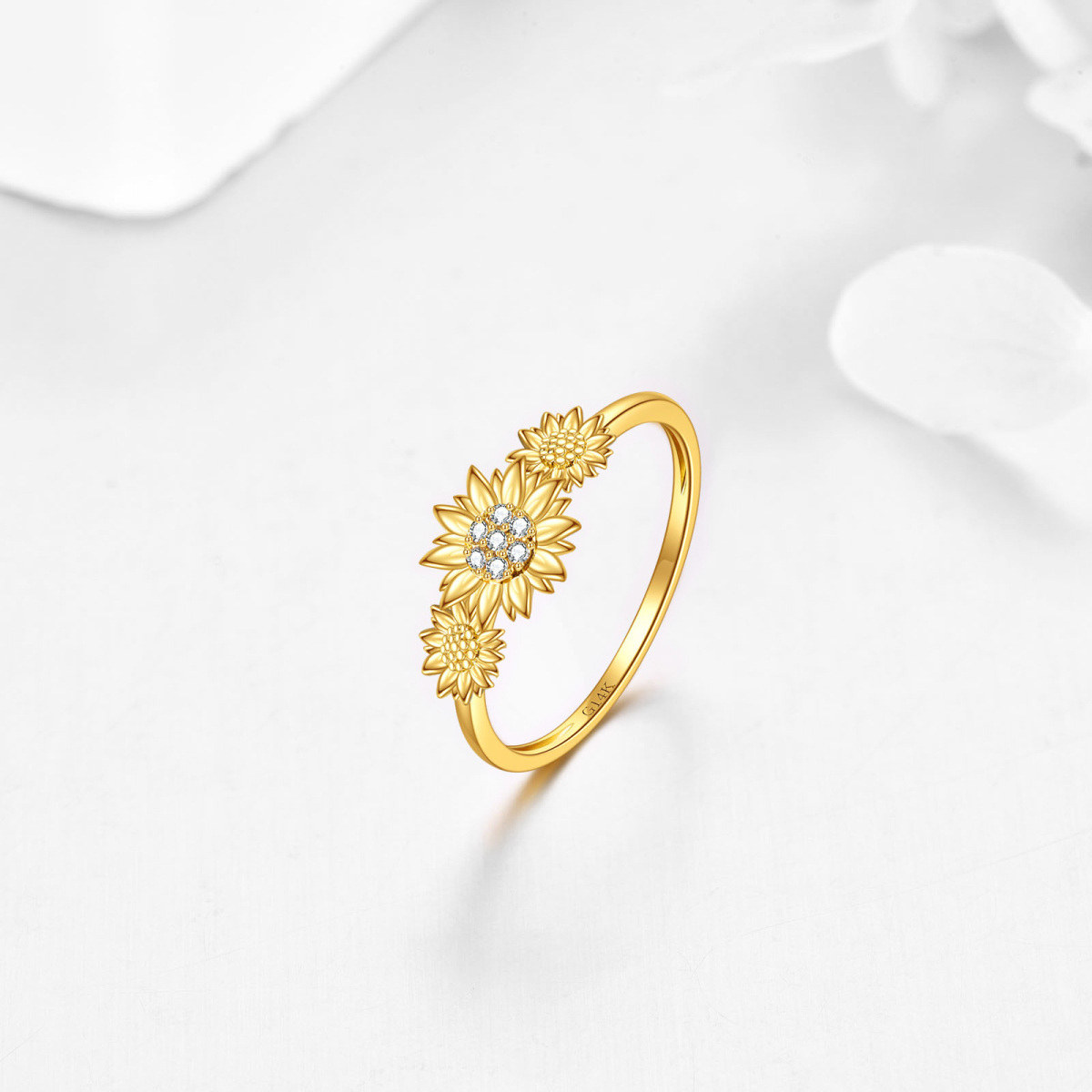 14K Gold Zircon Sunflower Engagement Ring-3