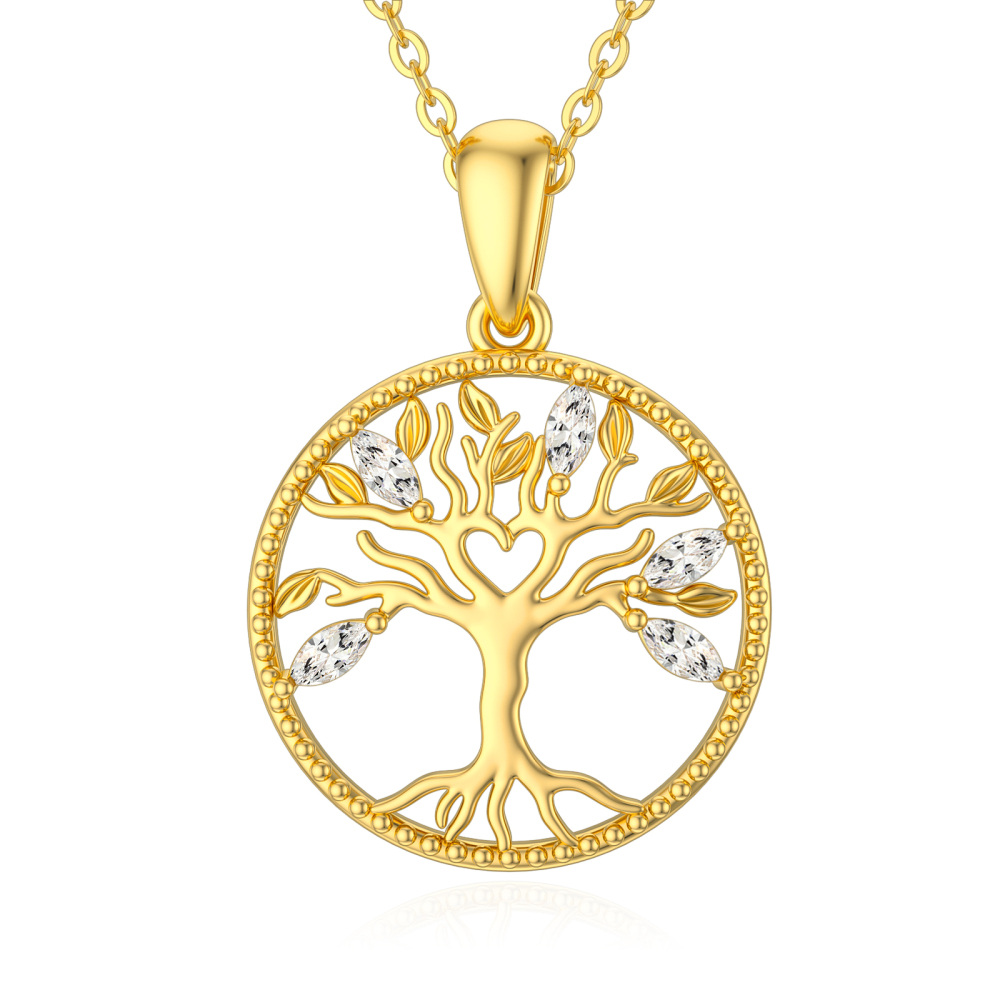 10K Gold Zircon Tree Of Life Pendant Necklace-1