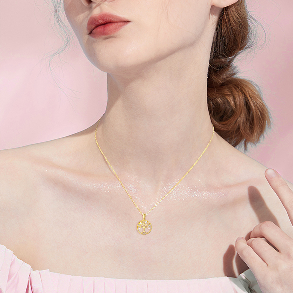 10K Gold Zircon Tree Of Life Pendant Necklace-2
