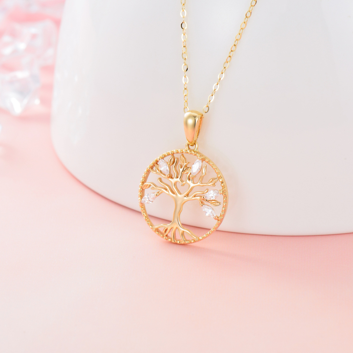 14K Gold Zircon Tree Of Life Pendant Necklace-3