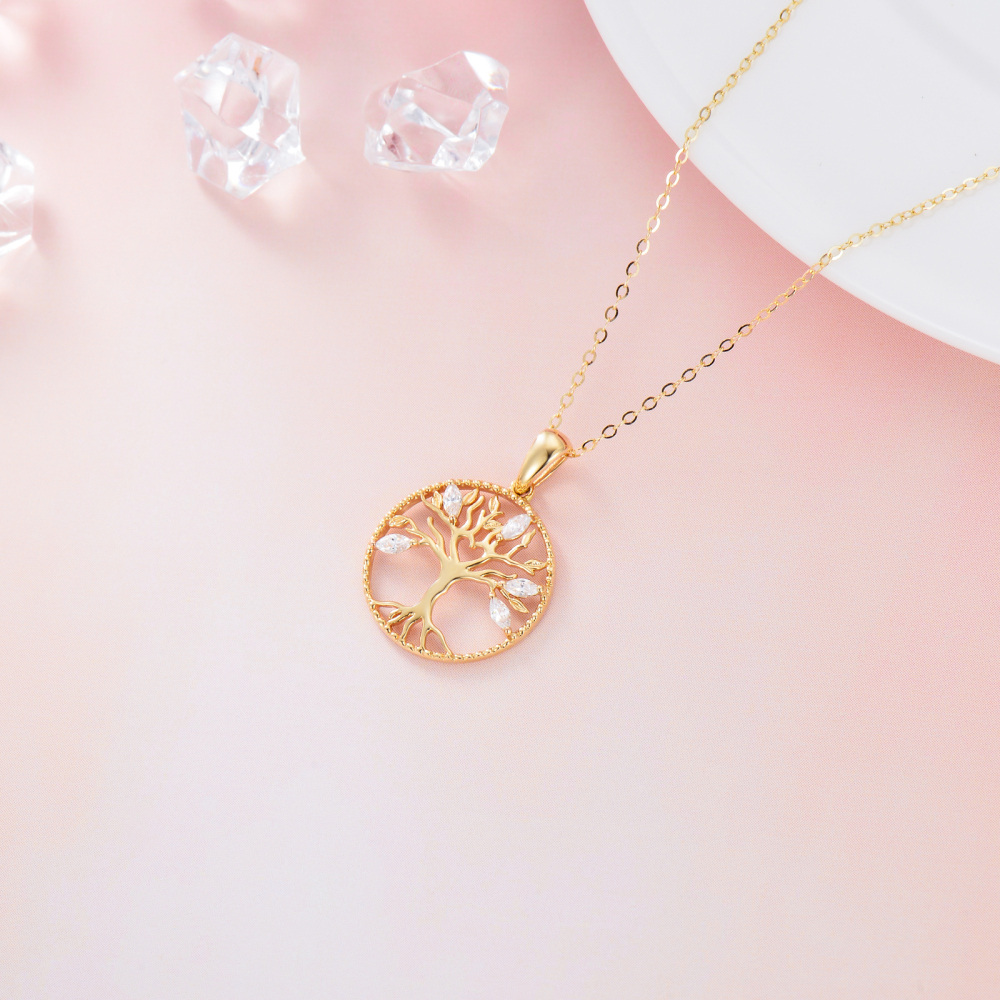 10K Gold Zircon Tree Of Life Pendant Necklace-4