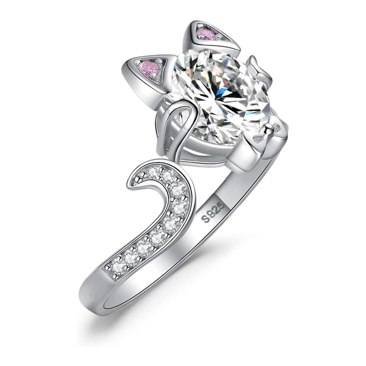 Anello aperto con fiocco di gatto in argento sterling e moissanite per donna-1