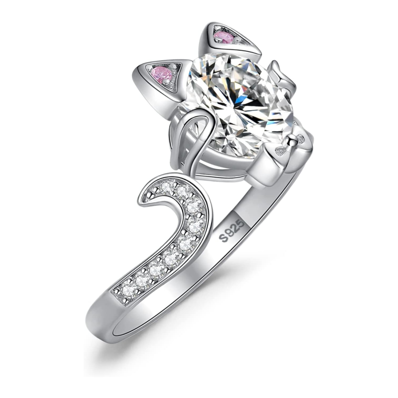 Sterling Silver Moissanite Cat Bow Open Ring for Women-10