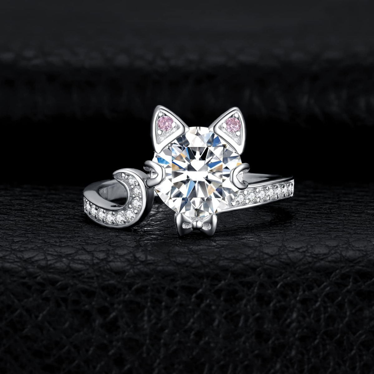 Sterling Silver Moissanite Cat Bow Open Ring for Women-3