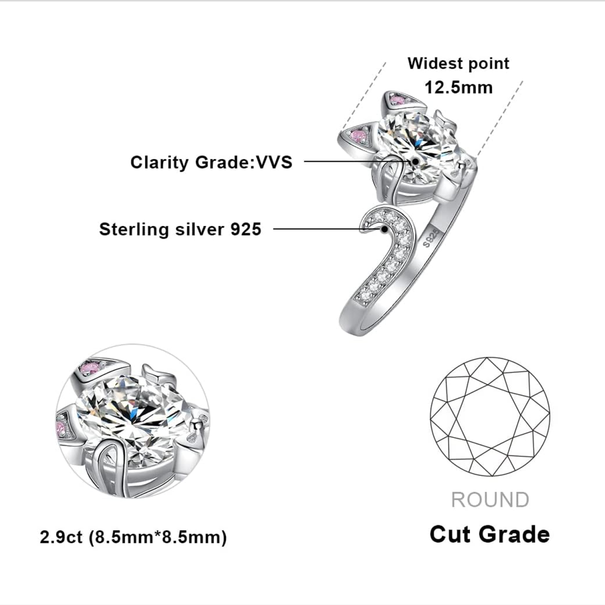 Sterling Silver Moissanite Cat Bow Open Ring for Women-4