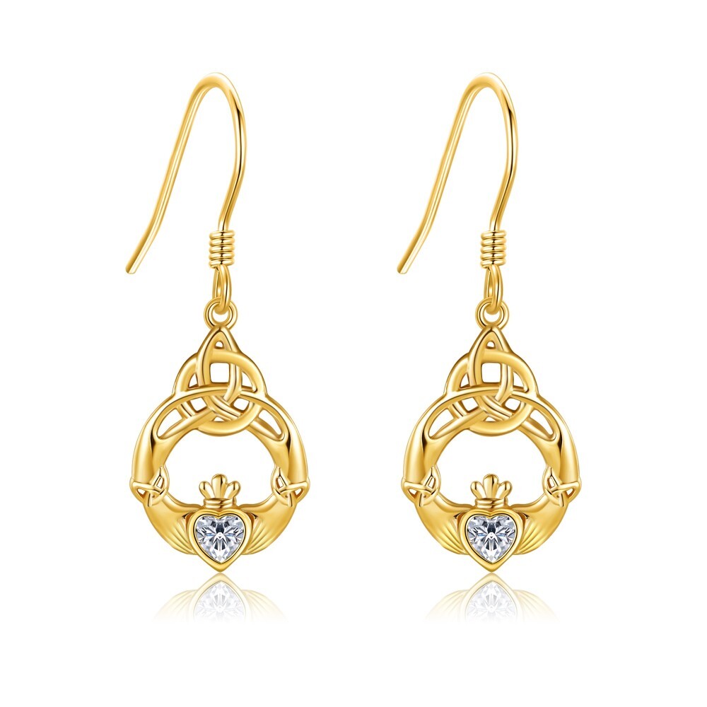 10K Gold Zircon Celtic Knot Drop Earrings-1