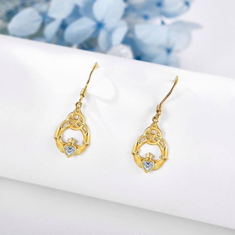 10K Gold Zircon Celtic Knot Drop Earrings-2