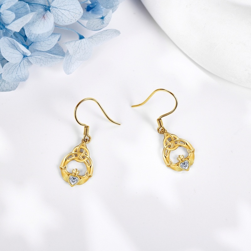 10K Gold Zircon Celtic Knot Drop Earrings-3
