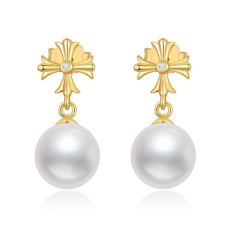 14K Real Gold Cross Studs Earrings With Pearl For Women Teen Girls Gifts-30