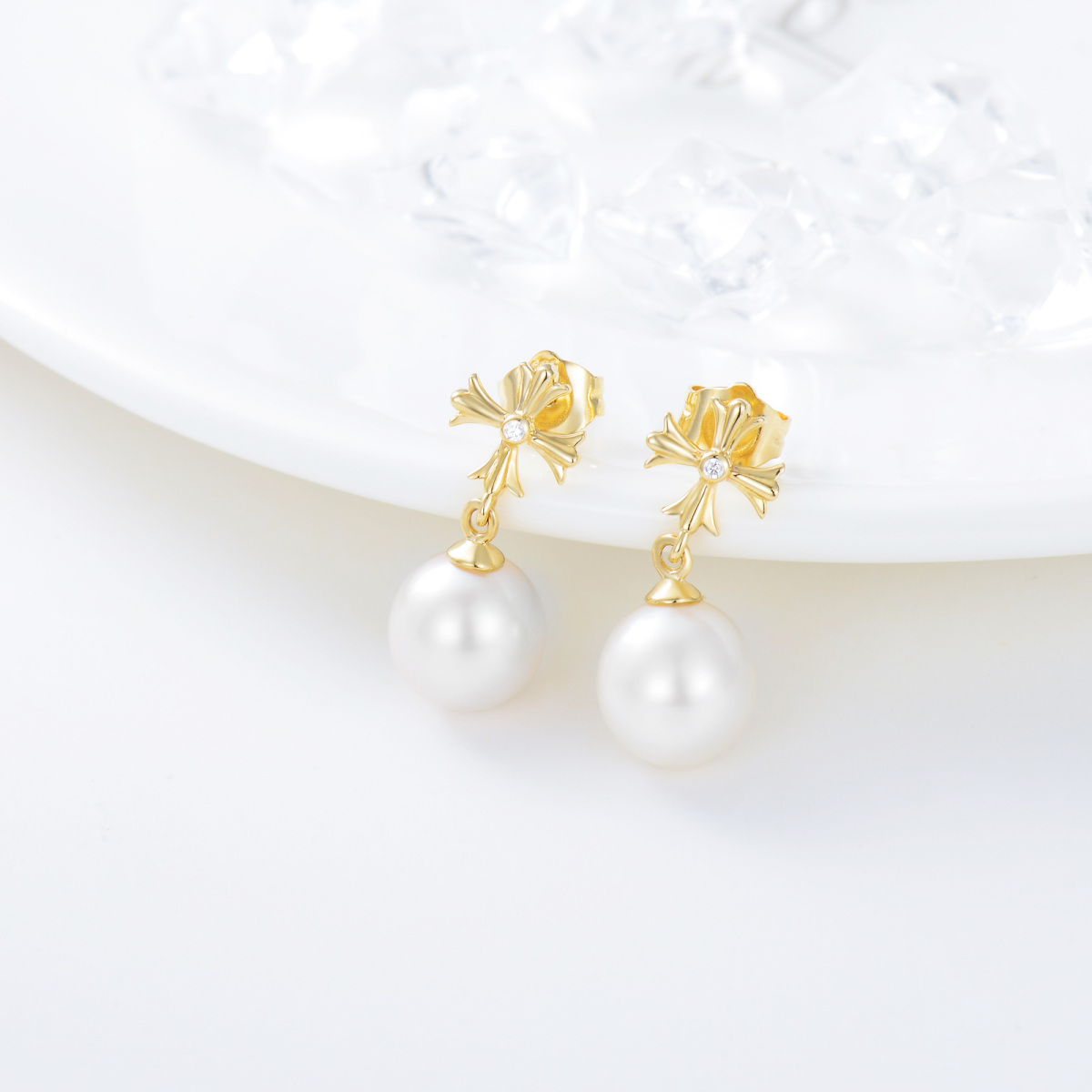 Boucles d'oreilles croix en or véritable 14 carats avec perle, cadeaux pour femmes et adolescentes-3