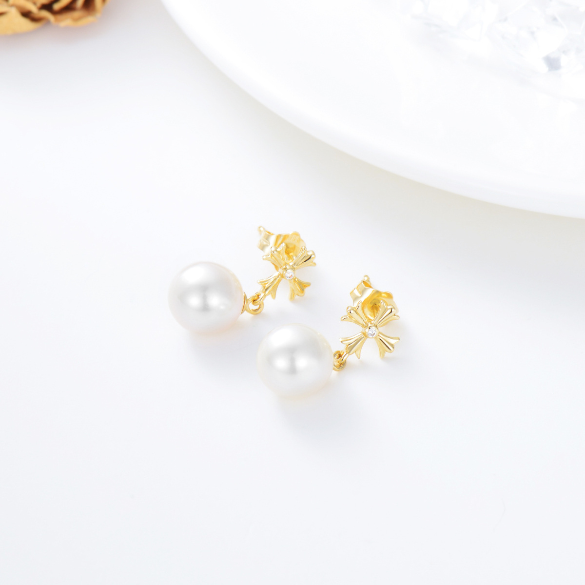 Boucles d'oreilles croix en or véritable 14 carats avec perle, cadeaux pour femmes et adolescentes-4