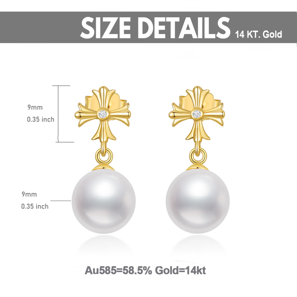 14 Karat Echtgold Kreuz Ohrstecker mit Perle für Frauen Teenager Mädchen Geschenke-5