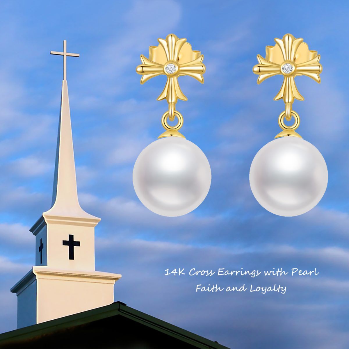 Boucles d'oreilles croix en or véritable 14 carats avec perle, cadeaux pour femmes et adolescentes-6