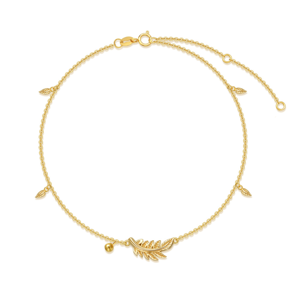 Bracelet de cheville simple en or 14 carats avec perles et plumes-1