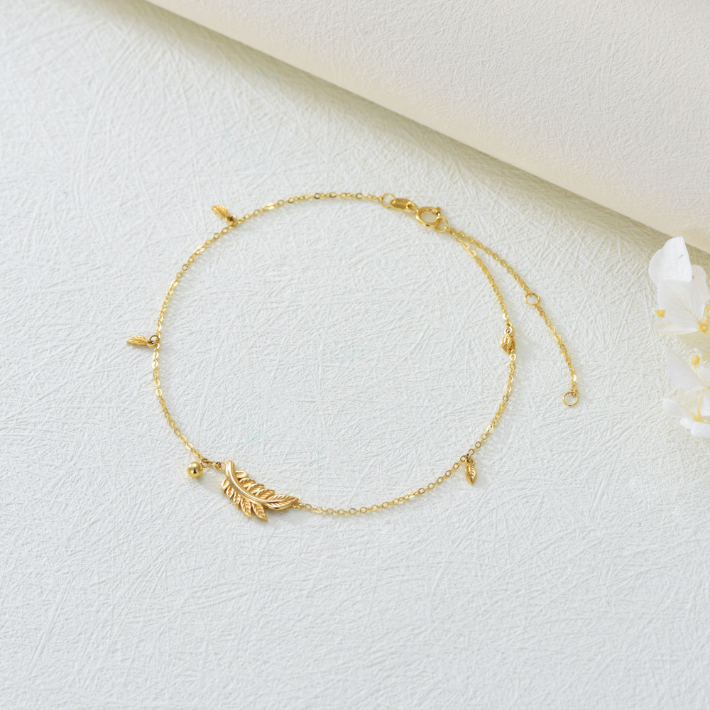 Bracelet de cheville simple en or 14 carats avec perles et plumes-3