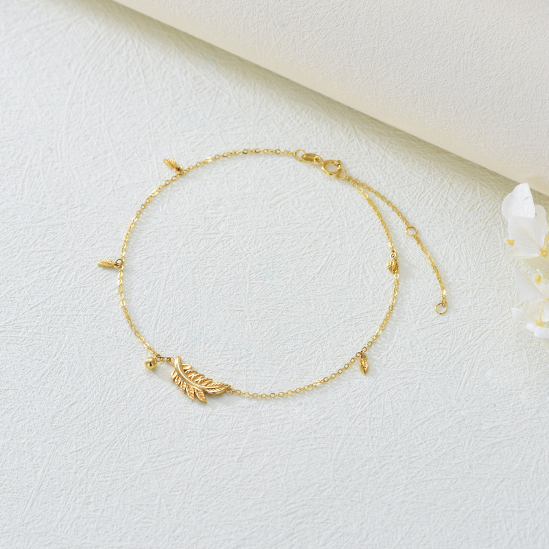 10K White Gold Leaves & Bead & Feather Single Chain Anklet-3