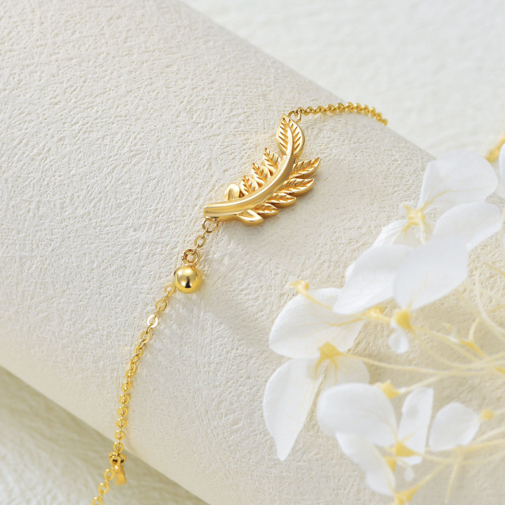 Bracelet de cheville simple en or 14 carats avec perles et plumes-4