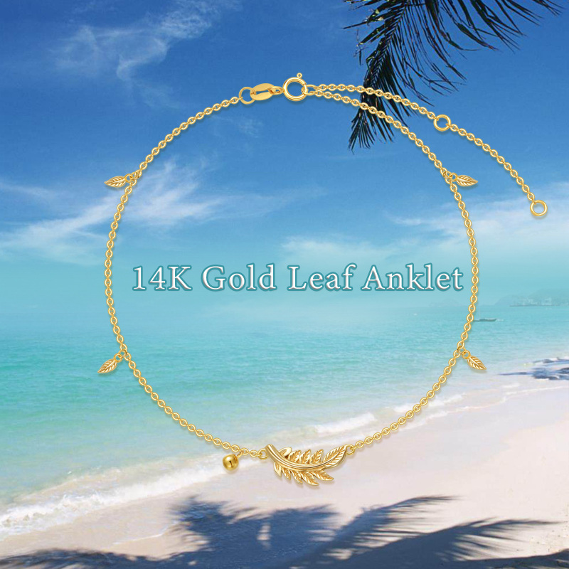 10K White Gold Leaves & Bead & Feather Single Chain Anklet-6