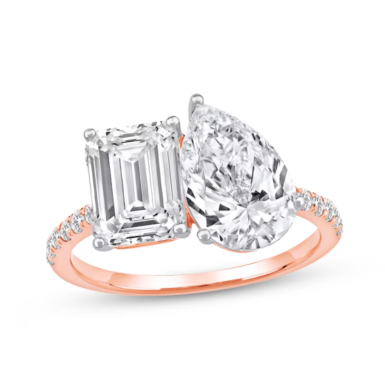 10K Rose Gold 4.25 CT.T.W. Oval & Emerald Lab Created Diamond Couple Engagement Ring D VVS1-VS1 IGI Certified