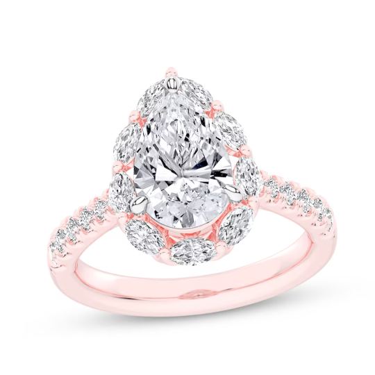 Bague de fiançailles pour couple en or rose 10 carats avec diamant en forme de poire de 2-3/4 ct créé en laboratoire gravé