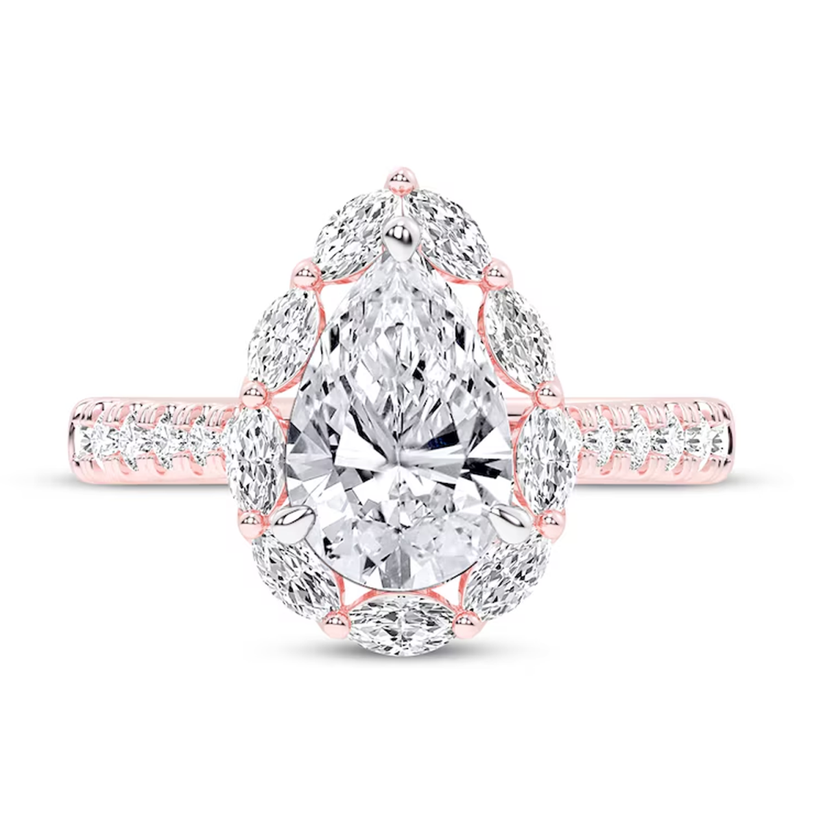 18K Rose Gold 2-3/4ct Pear-Shaped Lab Created Diamond Engraving & Couple Engagement Ring-2