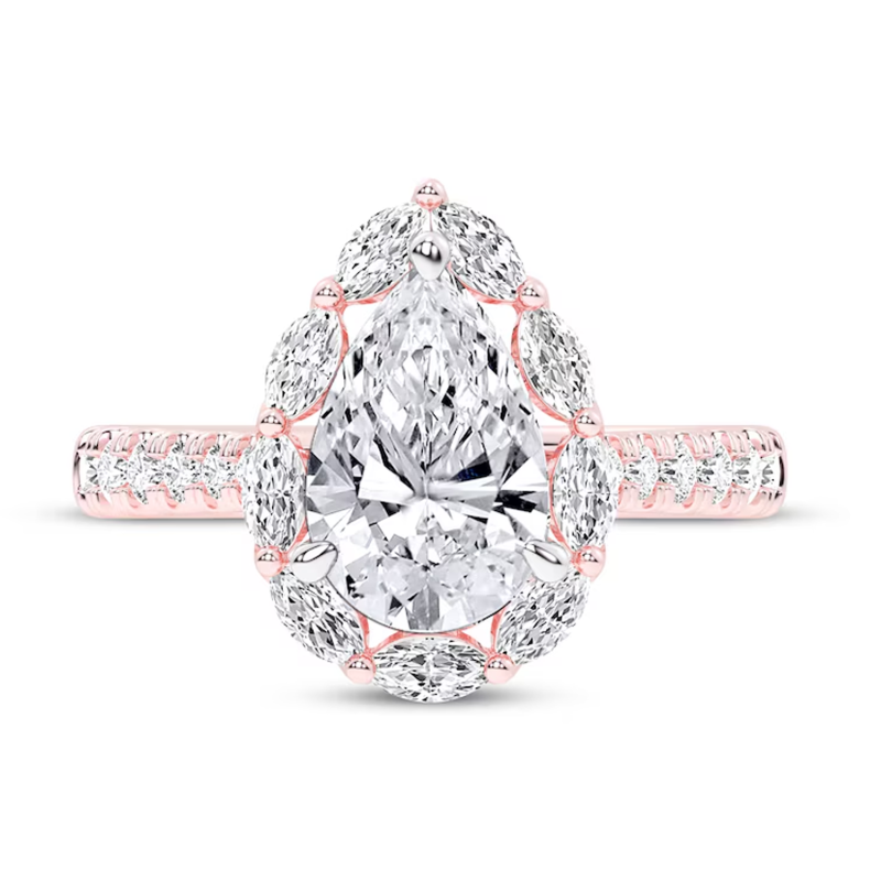 Anel de noivado em ouro rosa de 10 quilates com diamante sintético lapidado em pera, de 1,25 a 3,75 quilates (CT). Clareza D-VVS1. Certificado IGI 3EX.-3