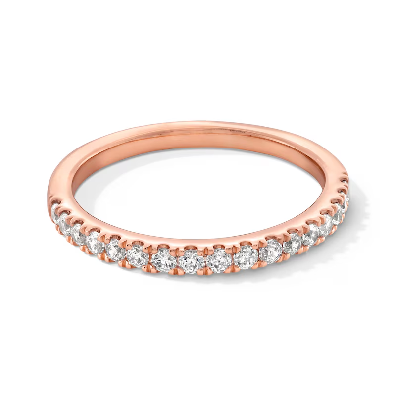 Aliança de casamento personalizada em ouro rosa 10K com corte redondo e diamante criado em laboratório, cor F, clareza VS2 3EX-1