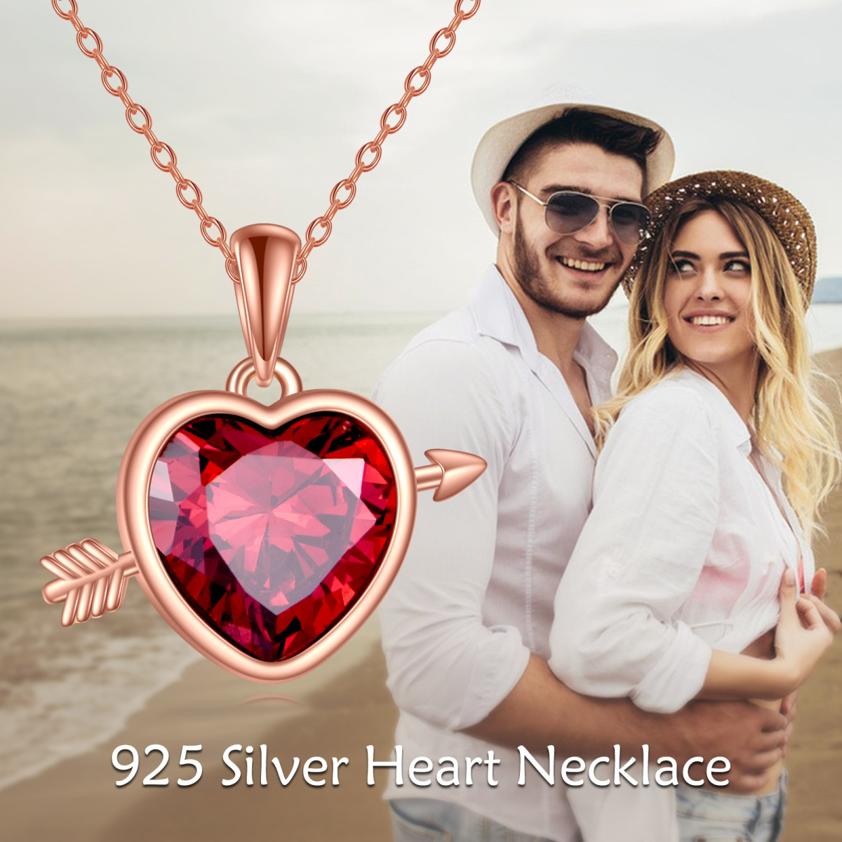 Sterling Silver with Rose Gold Plated Cubic Zirconia Arrow & Heart Pendant Necklace-6
