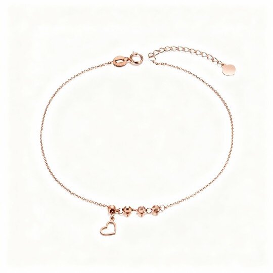 Tornozeleira de camada única com pendente de coração e contas em ouro rosa 10K