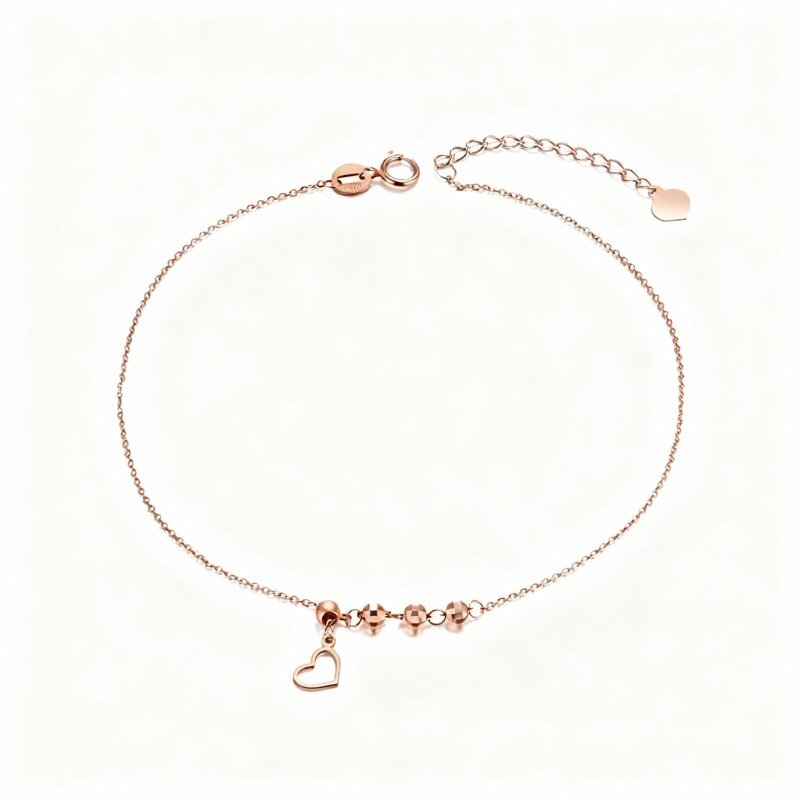 خلخال من الذهب الوردي عيار 10 قيراط مع خرزة وقلب من طبقة واحدة-12