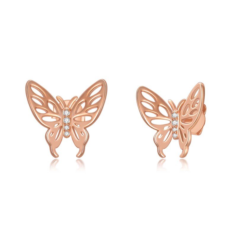 Pendientes de mariposa con circonita cúbica en oro rosa de 14 quilates-6