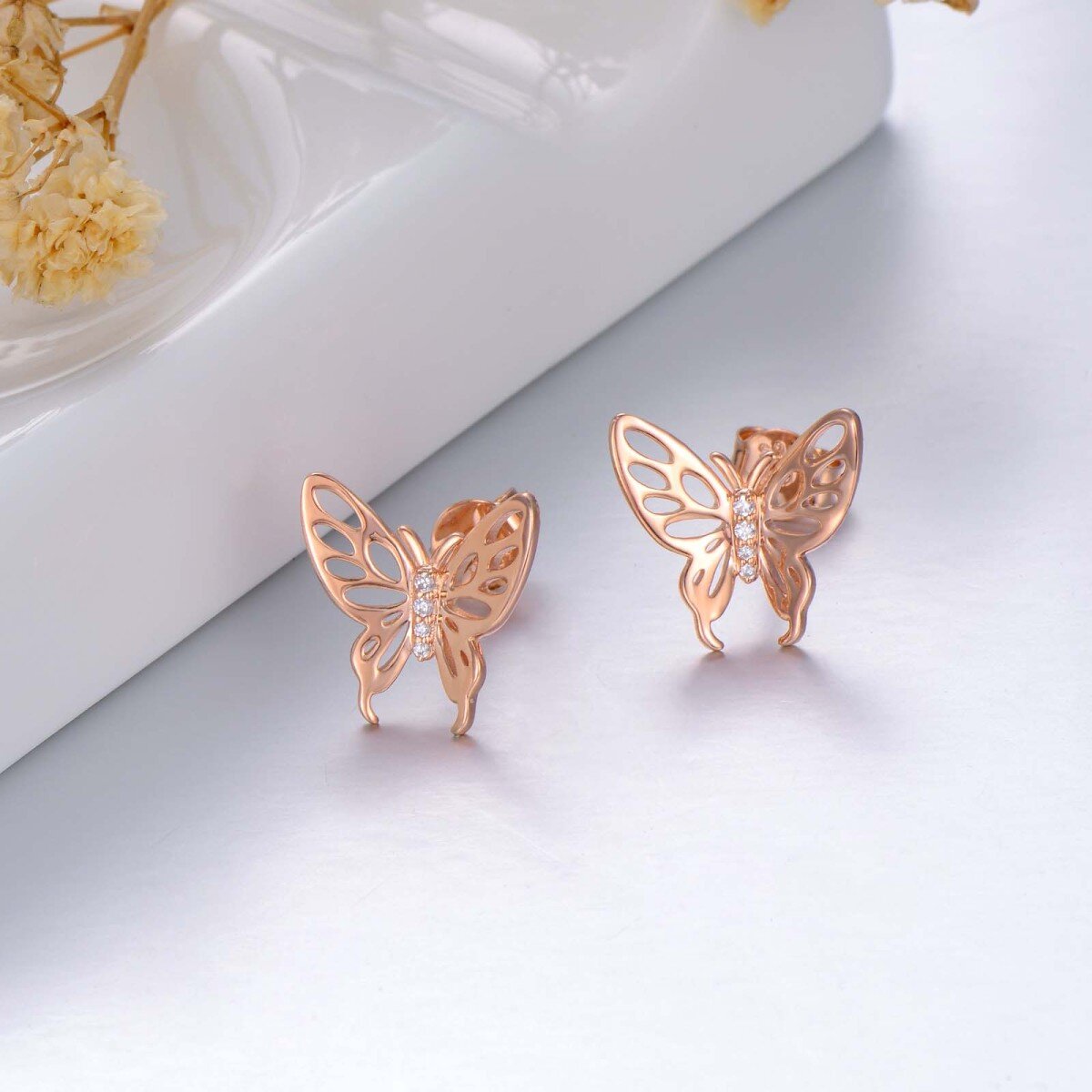 14K Rose Gold Cubic Zirconia Butterfly Earrings-3