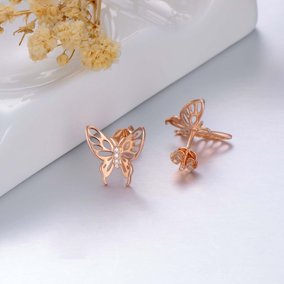 14K Rose Gold Cubic Zirconia Butterfly Earrings-4