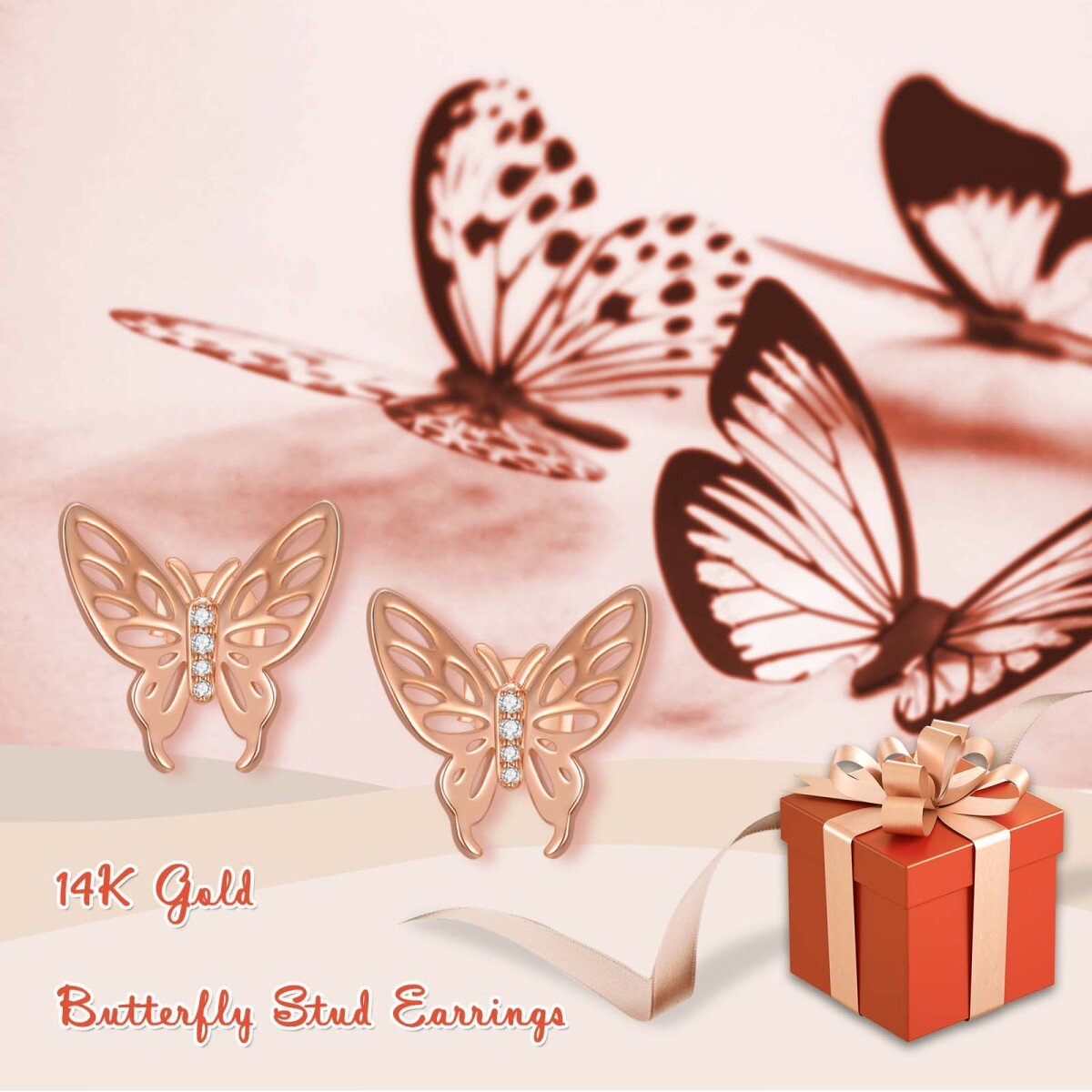 14K Rose Gold Cubic Zirconia Butterfly Earrings-6