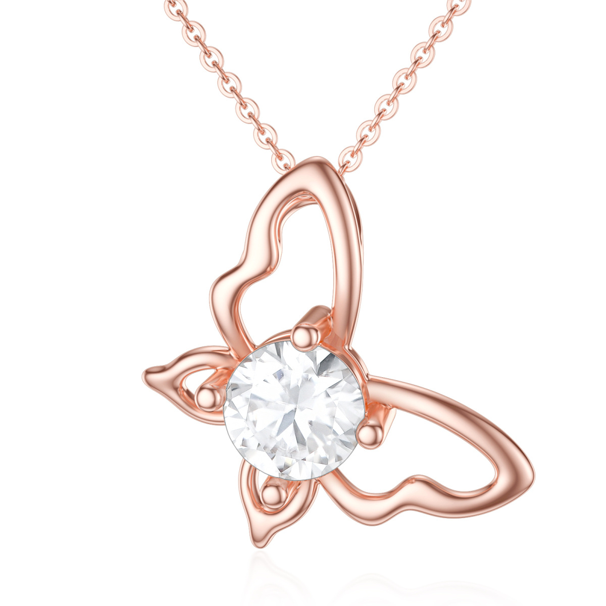 Collier en or rose 14K avec pendentif papillon en Moissanite de forme circulaire-1