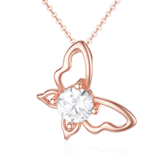 Collier en or rose 14K avec pendentif papillon en Moissanite de forme circulaire