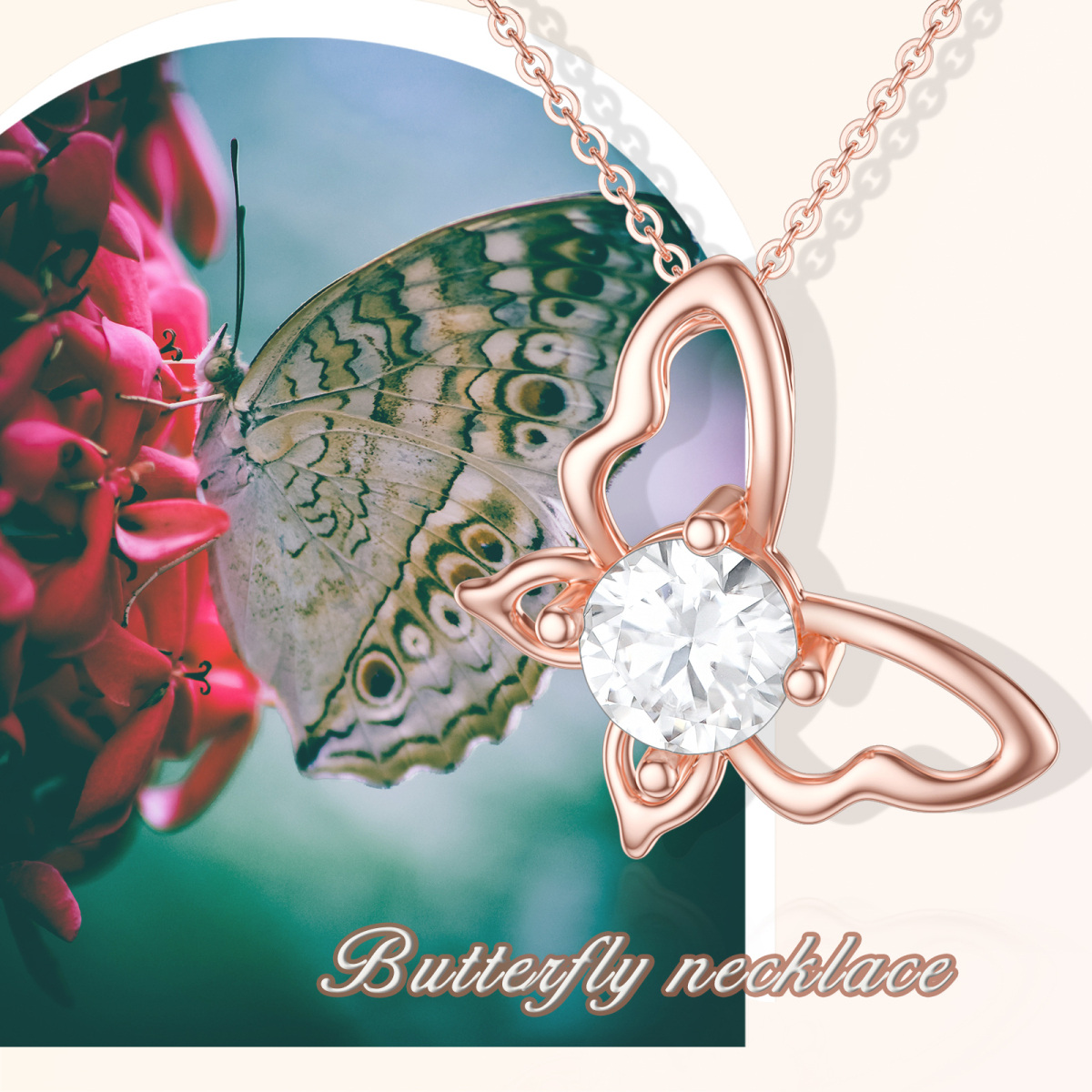 14K Rose Gold Circular Shaped Moissanite Butterfly Pendant Necklace-3