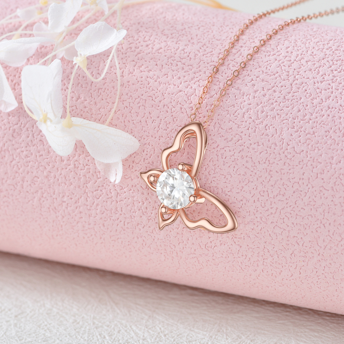 14K Rose Gold kreisförmiger Moissanit Schmetterling Anhänger Halskette-4