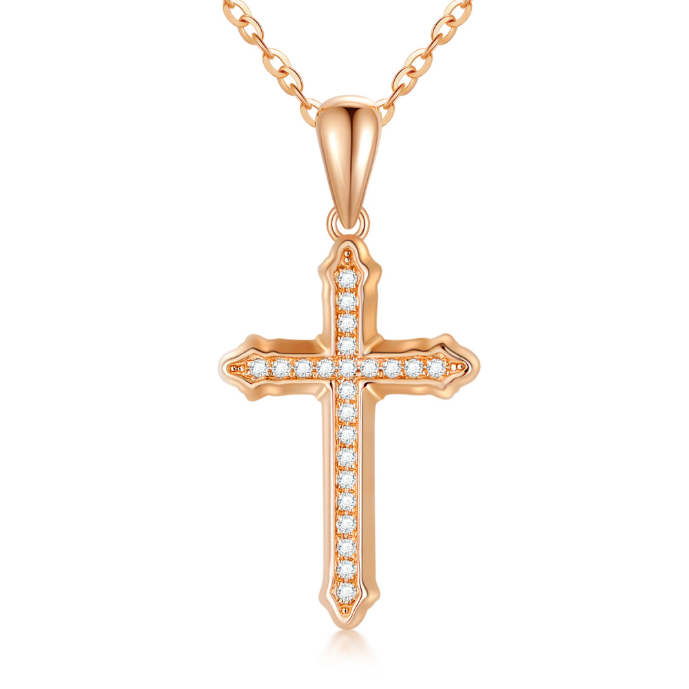 10K Rose Gold Circular Shaped Moissanite Cross Pendant Necklace-1