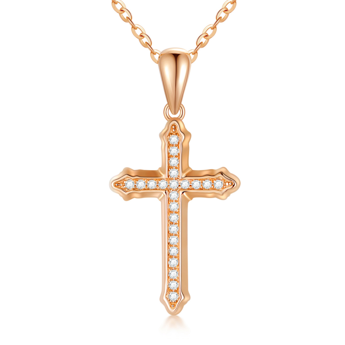 14K Rose Gold Circular Shaped Moissanite Cross Pendant Necklace-1