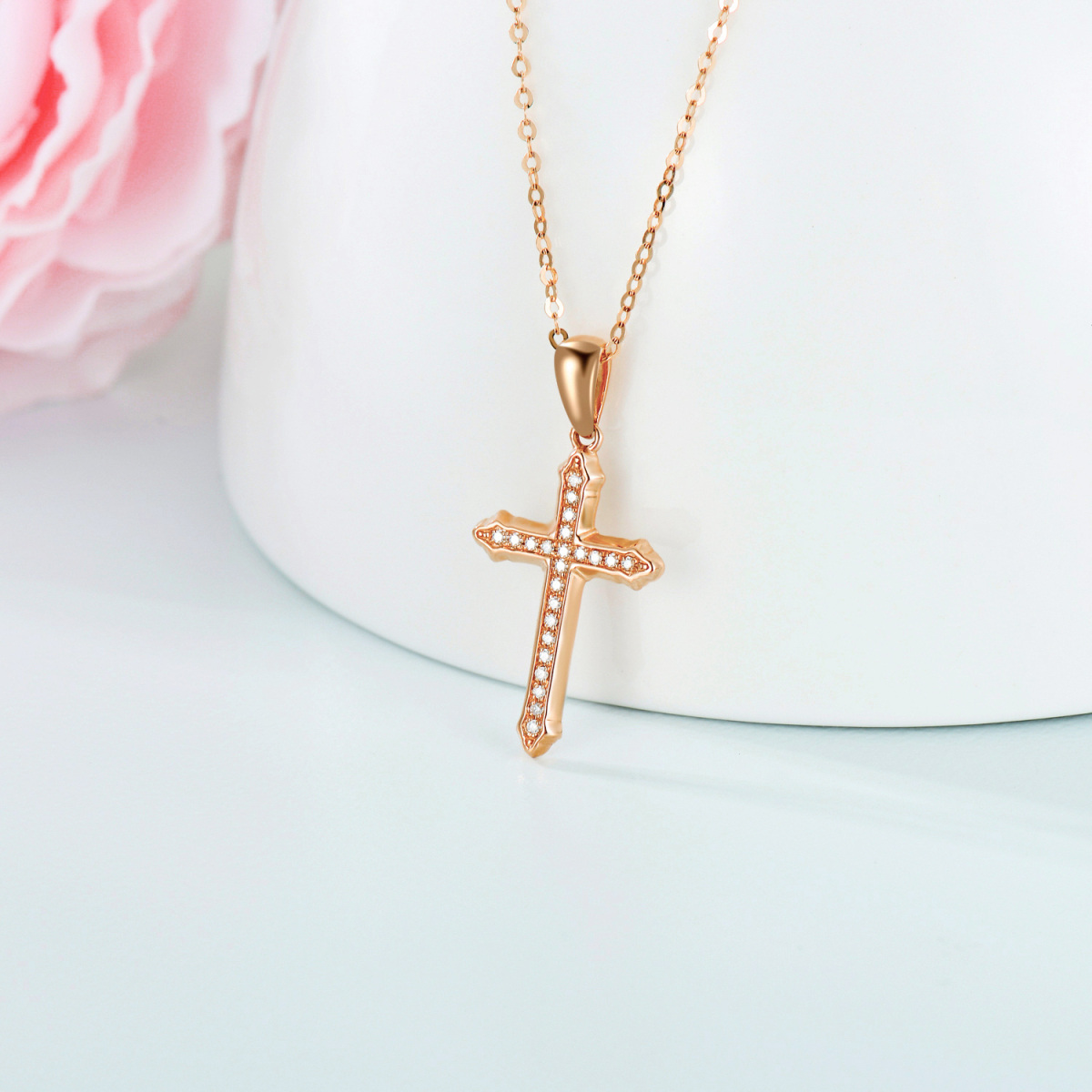 14K Rose Gold Circular Shaped Moissanite Cross Pendant Necklace-3