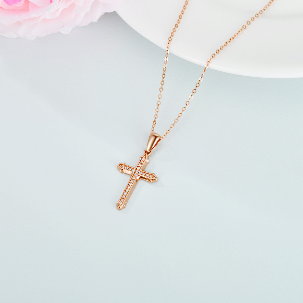 14K Rose Gold Circular Shaped Moissanite Cross Pendant Necklace-4