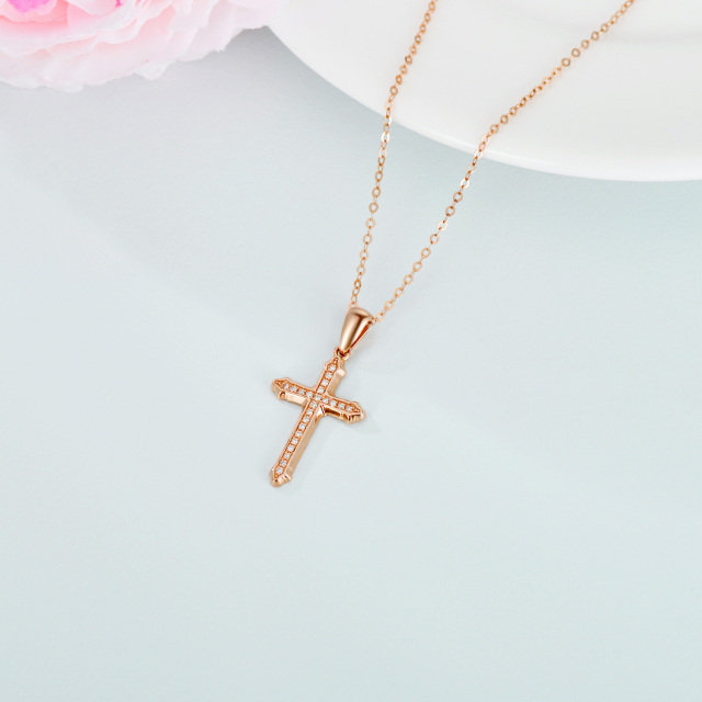 14K Rose Gold Circular Shaped Moissanite Cross Pendant Necklace-4