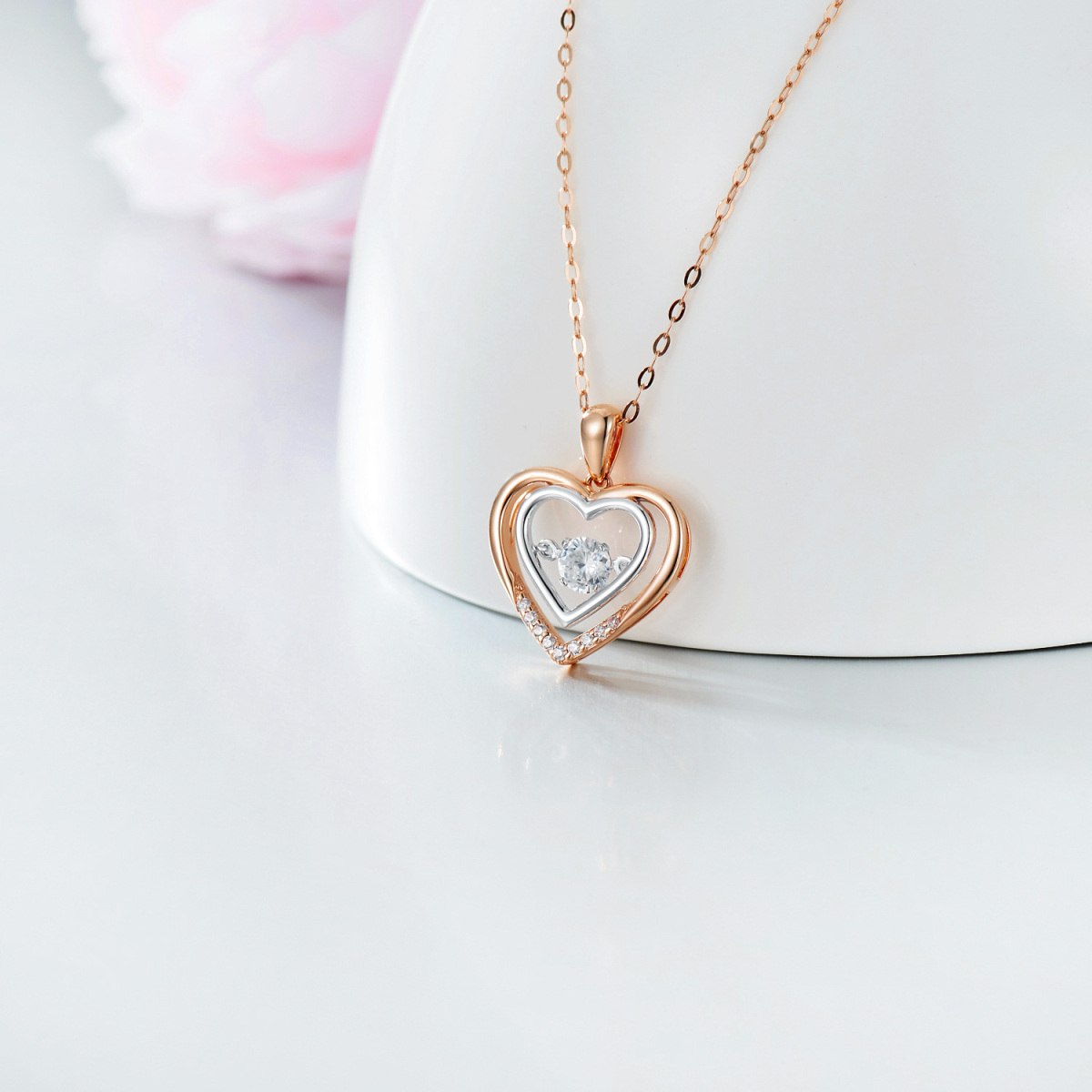 14K Rose Gold Circular Shaped Moissanite Heart Pendant Necklace-3