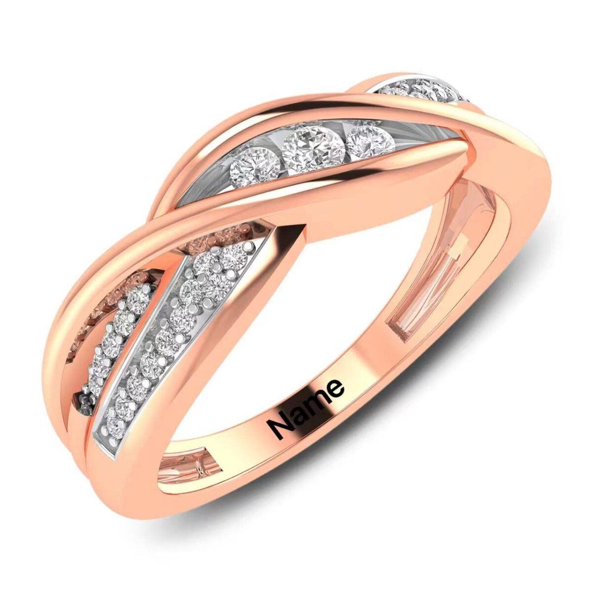 Anello nuziale in oro rosa 14K a forma di circolare con moissanite con incisione personalizzata-3