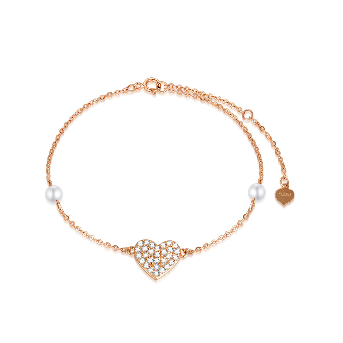 Bracelet de cheville en or rose 14K avec une perle en forme de cercle et un coeur à une co-1