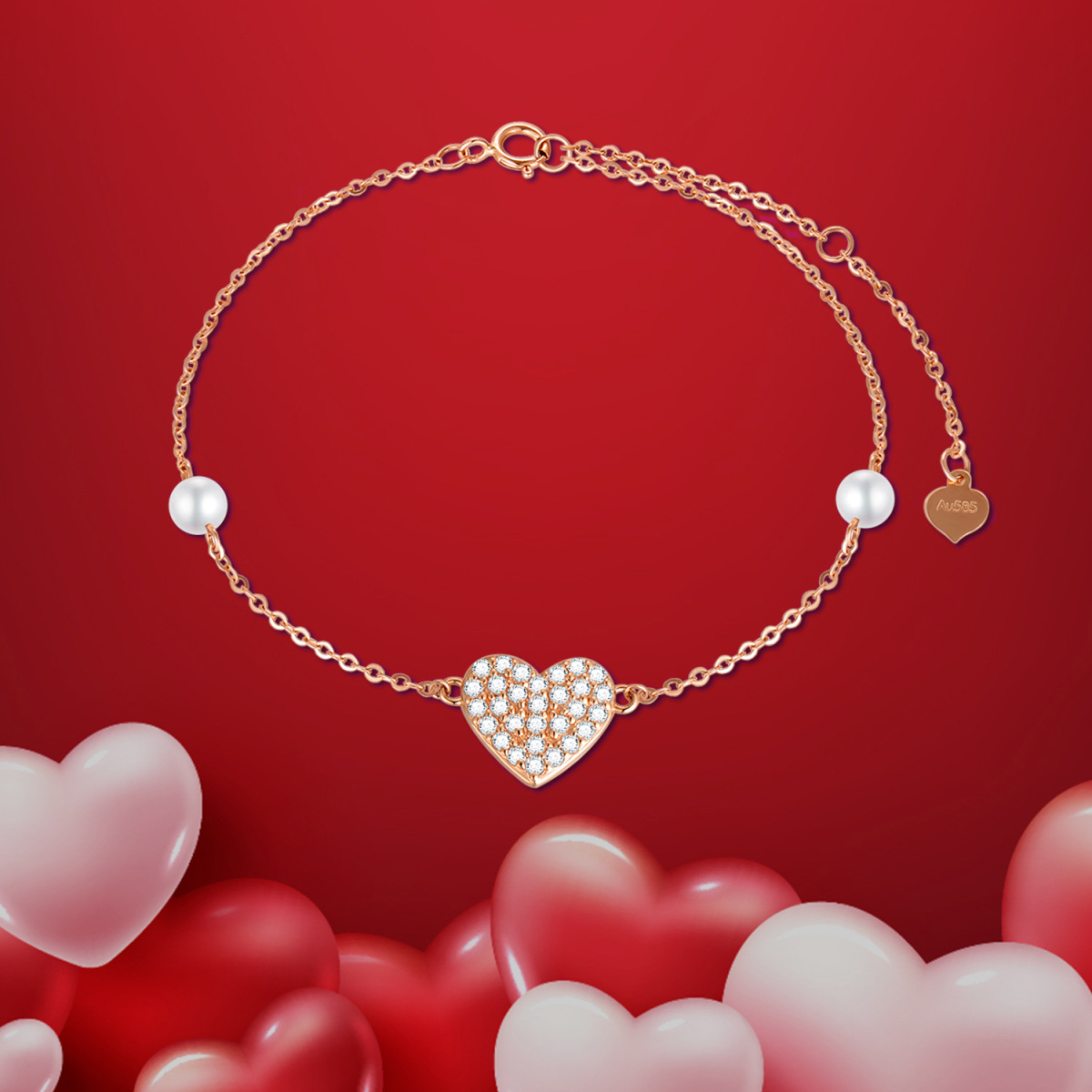 Bracelet de cheville en or rose 14K avec une perle en forme de cercle et un coeur à une co-5