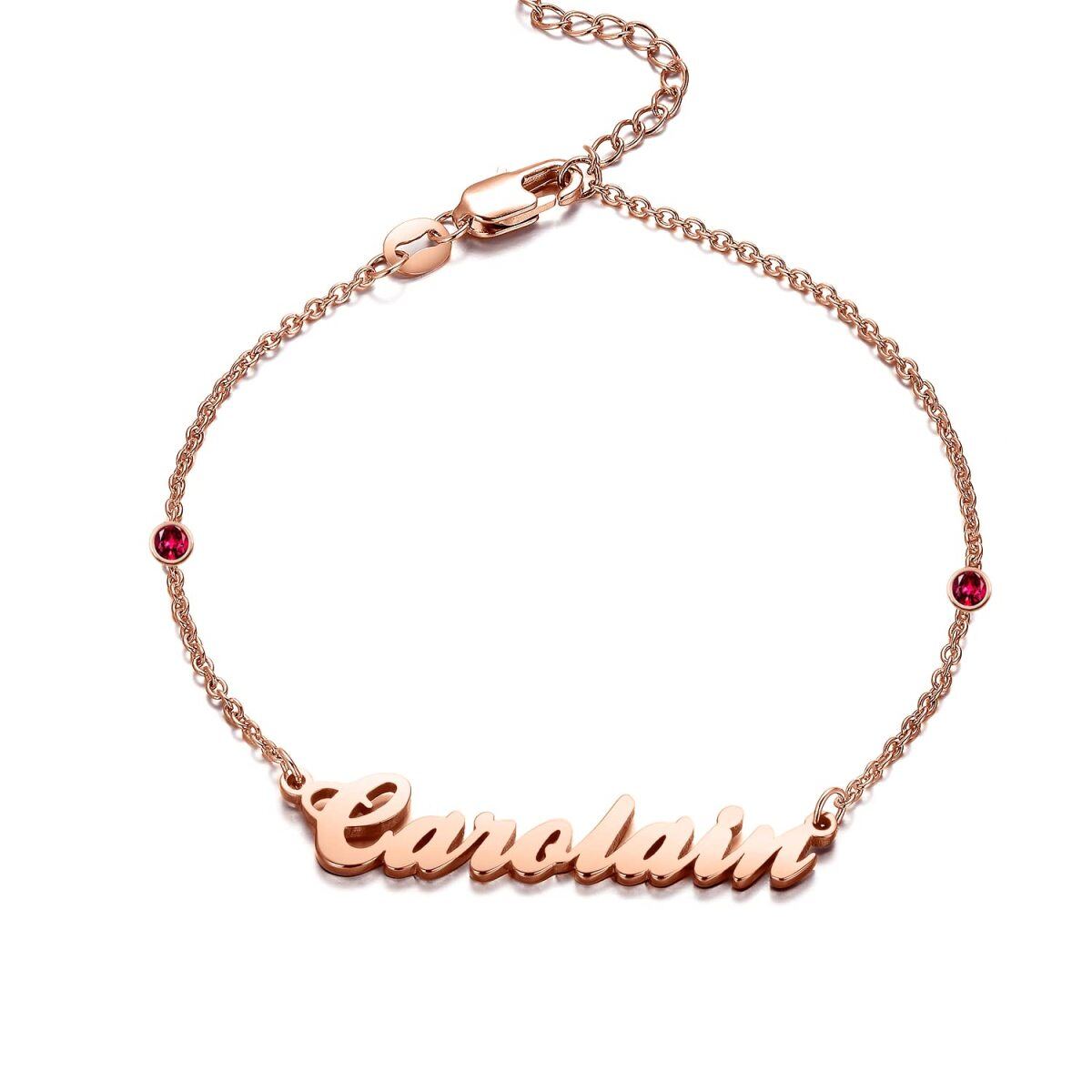 Bracelet à pendentif avec nom classique personnalisé en or rose 14 carats avec zircone cubique de forme circulaire-1